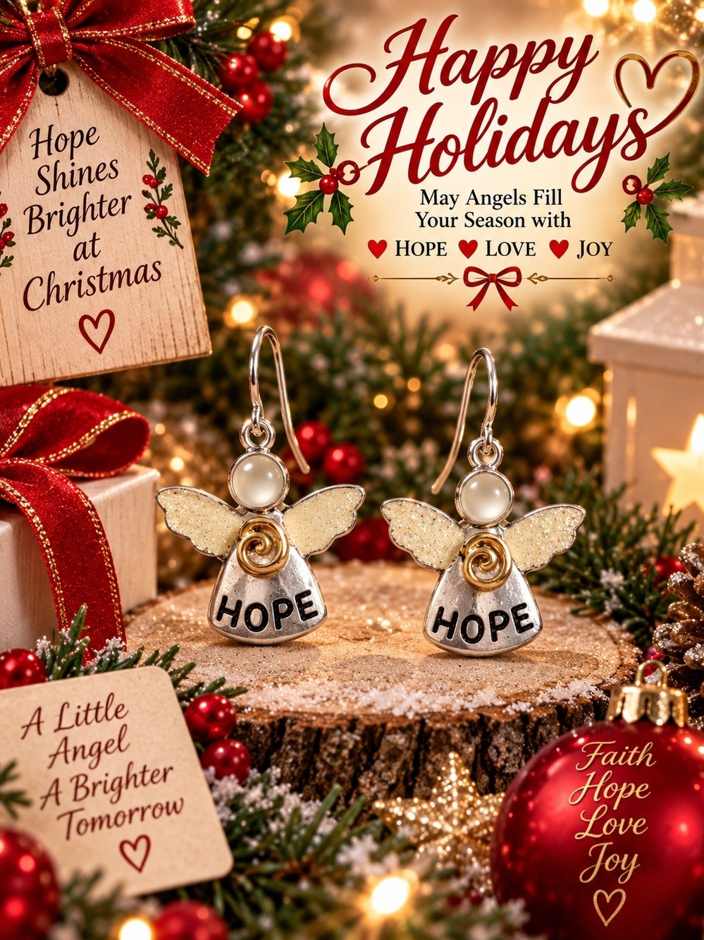 Hope Angel Dangle Earrings - Gold & Silver Tone with Pearl Accent